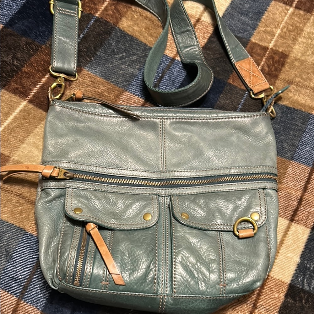 Fossil Teal Blue Leather Crossbody Bag with Tan Accents